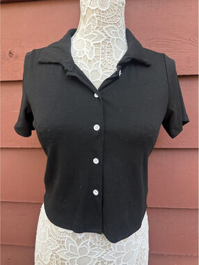 DAZY Black Ribbed Knit Polo Top Y2K‎ Minimalist Retro Collar Short Sleeve